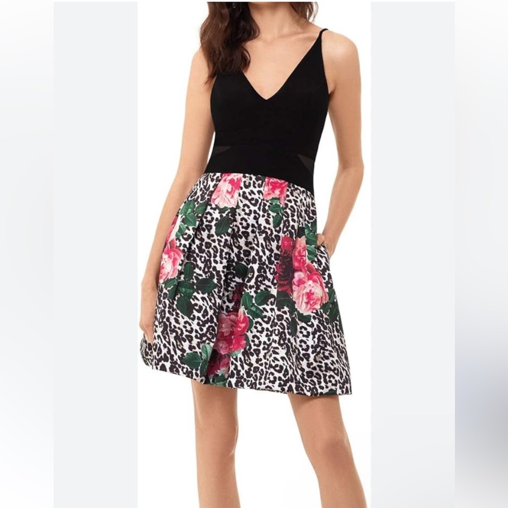 Xscape Black and Pink Floral Leopard Mini Dress - Picture 5 of 9